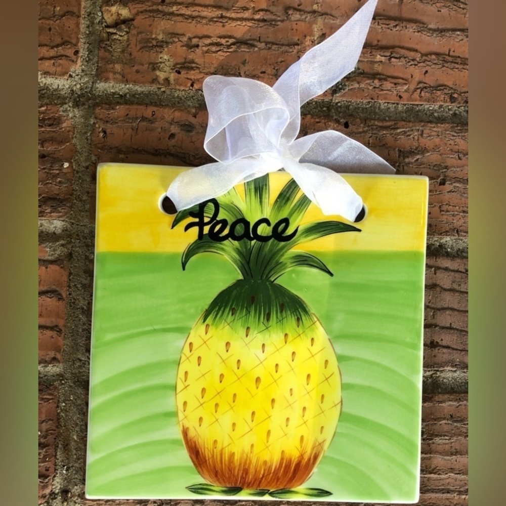 Art of the Spirit Hand Painted Peace Pineapple Tile with Ribbon Size 6 1/4”